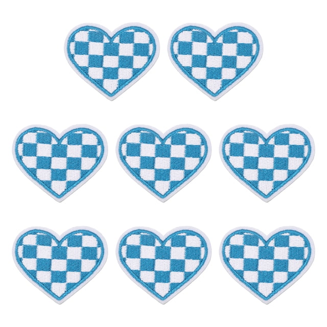 Uxcell 8 piezas parches bordados de corazón a cuadros para planchar, apliques para coser en chaquetas, colección de ropa, vestidos, sombreros, jeans, accesorio de bricolaje, azul/blanco