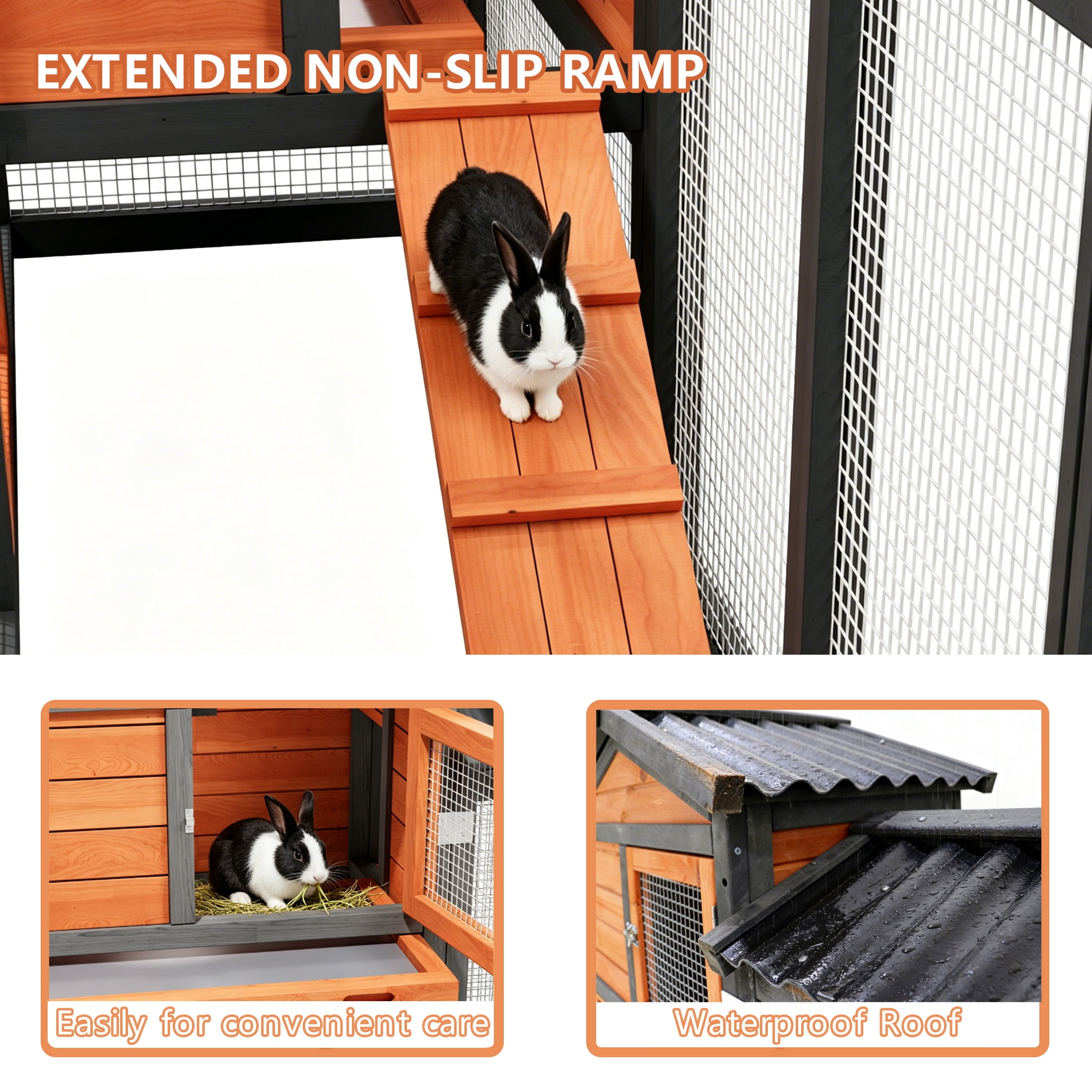 Outdoor Wooden Rabbit Hutch with Run ,Weatherproof Bunny Cage with Predator resistant Wire Mesh,Orange with Black