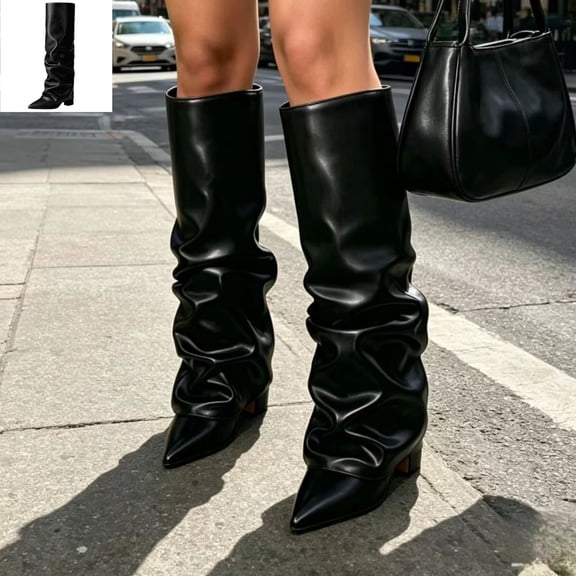 Willtoo Women's Wide Calf Slouchy Knee High Boots, Pointed Toe Chunky Heel Tall Boots, Faux Leather Pull-On Footwear