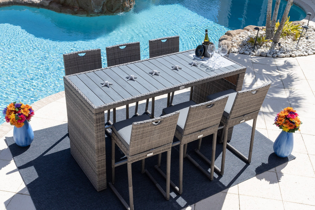 Sorrento 7-Piece Resin Wicker Outdoor Patio Furniture Bar Set in Gray W/Bar Table and Six Bar Chairs (Flat-Weave Gray Wicker, Sunbrella Canvas Aruba) - image 1 of 5