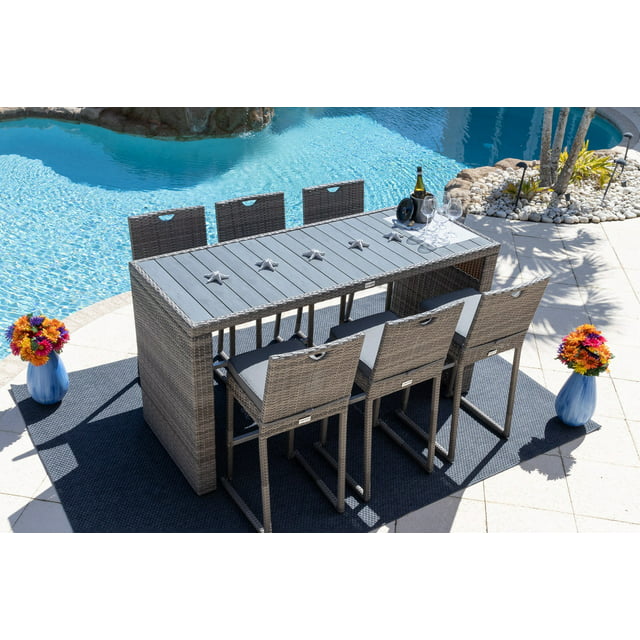Sorrento 7-Piece Resin Wicker Outdoor Patio Furniture Bar Set in Gray W/Bar Table and Six Bar Chairs (Flat-Weave Gray Wicker, Sunbrella Canvas Aruba)