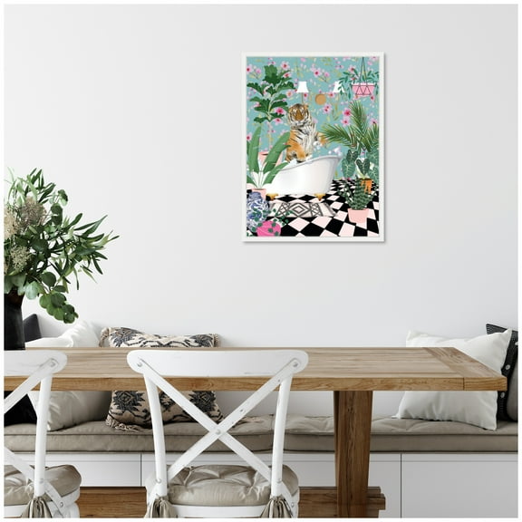 Kate and Laurel Maximalist Tiger Bath Framed Canvas Wall Art  by Honey Island Studio 18 x 24 Sylvie White, Whimsical, Animals, Bathroom, Flowers, Tropical Art for Wall Decor, Living Room, Bedroom