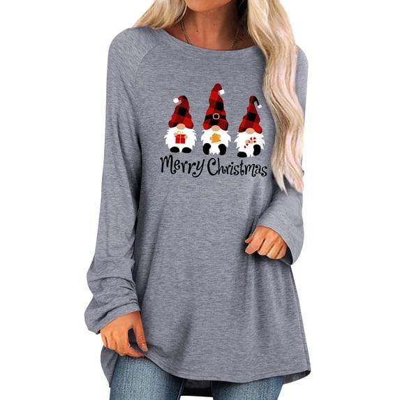 QAFOPEH Women Christmas Print Crew Neck Long Sleeve High-Low Hem Solid Color Top