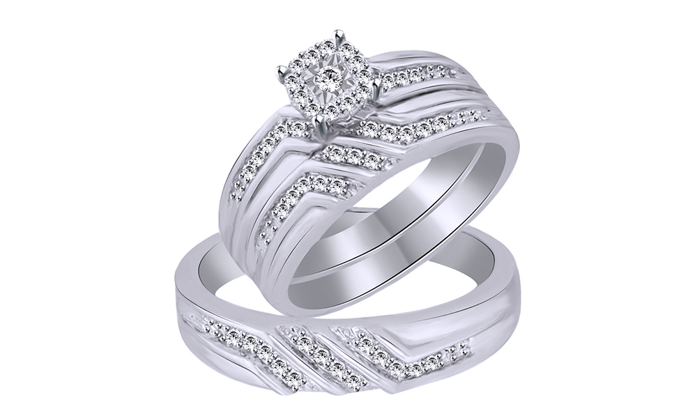 AFFY White Natural Diamond Wedding & Engagement Trio Band Ring Set In 10k White Gold (0.28 Cttw)