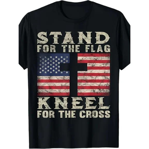 Patriotic Men’s Christian Shirt – Distressed Flag & Cross Graphic with Bold 'Stand for the Flag Kneel for the Cross' Slogan