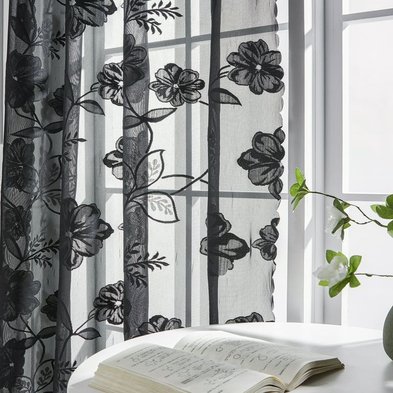 Exultantex Black Sheer Lace Curtains for Living Room Vintage Rose