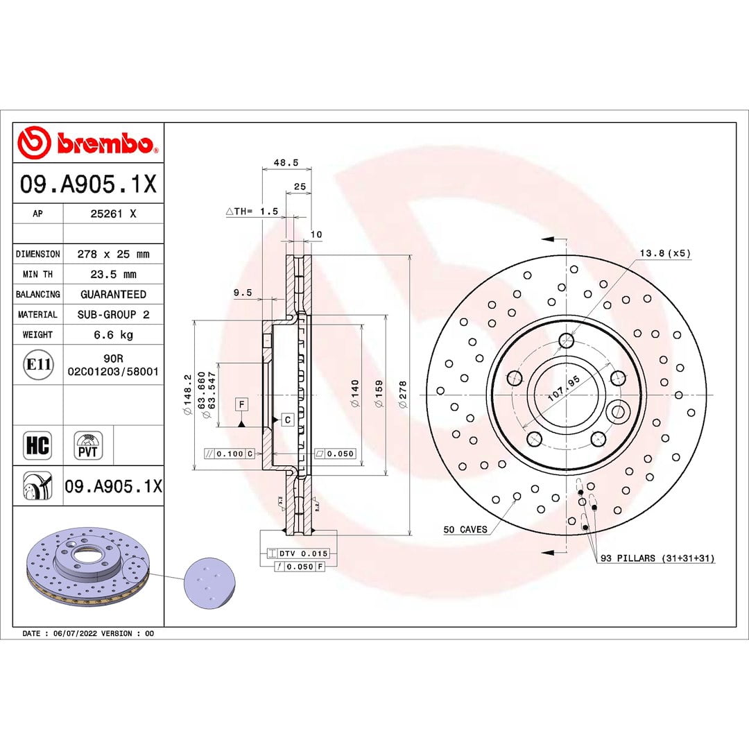 Brembo 09.A905.1X; Brake Rotor; Vented Cross Drilled; One Piece Design; Wheel Bolt Pattern 5 x 107.95 Millimeter; High Carbon Cast Iron; Single