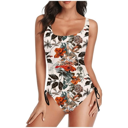 TrendVibe365 Cute Swimsuits for Women White One Piece Bathing Suits Thong Adjustable Shoulder Strap Floral Swimwear Beachwear S