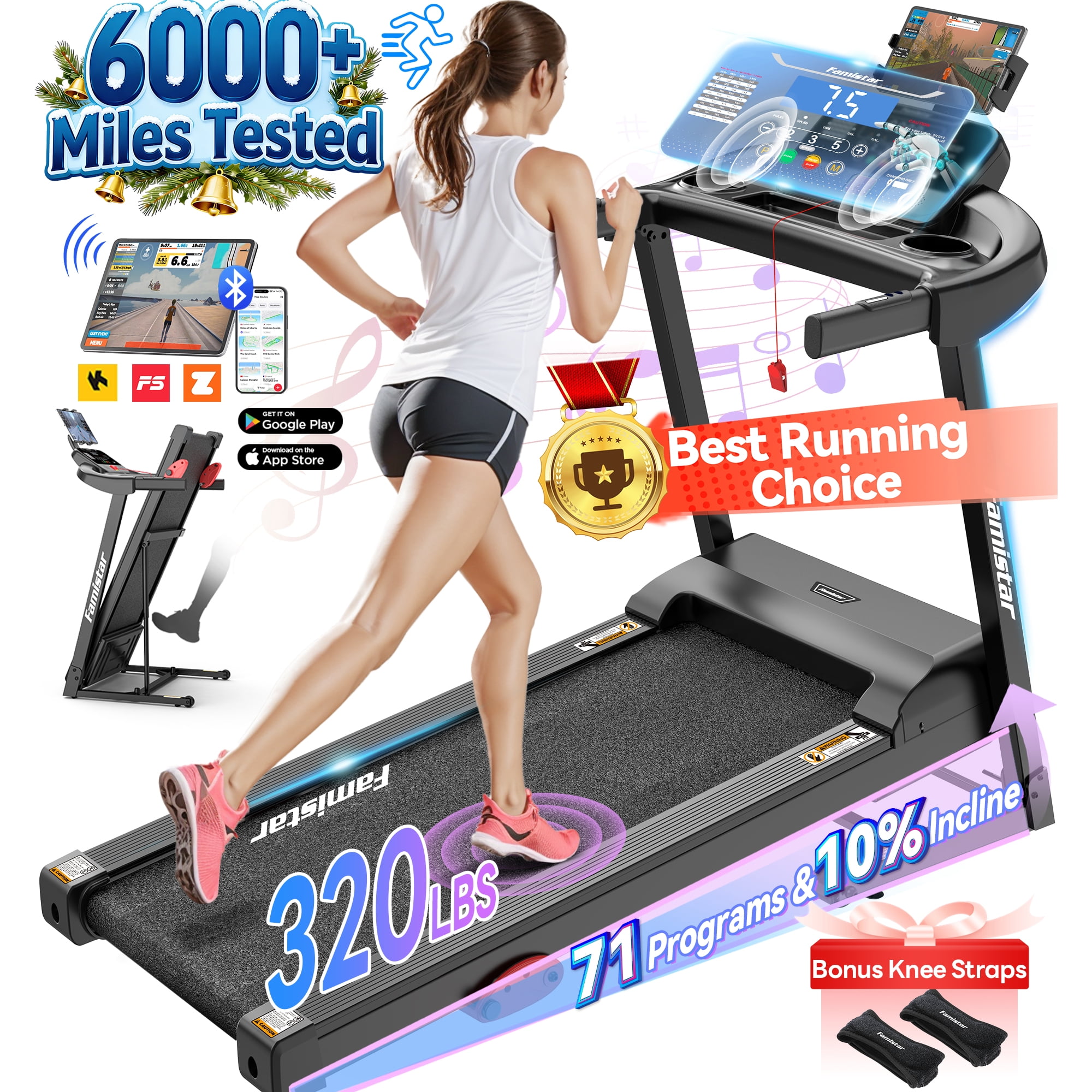 Folding Electric Treadmill for Home, Compact Running Machine with 3.5HP Motor, Treadmill 300 lb Capacity, Treadmill with 10% Manual Incline, 7.5 MPH, Quiet Brushless Motor, 71 Programs, Space-Saving