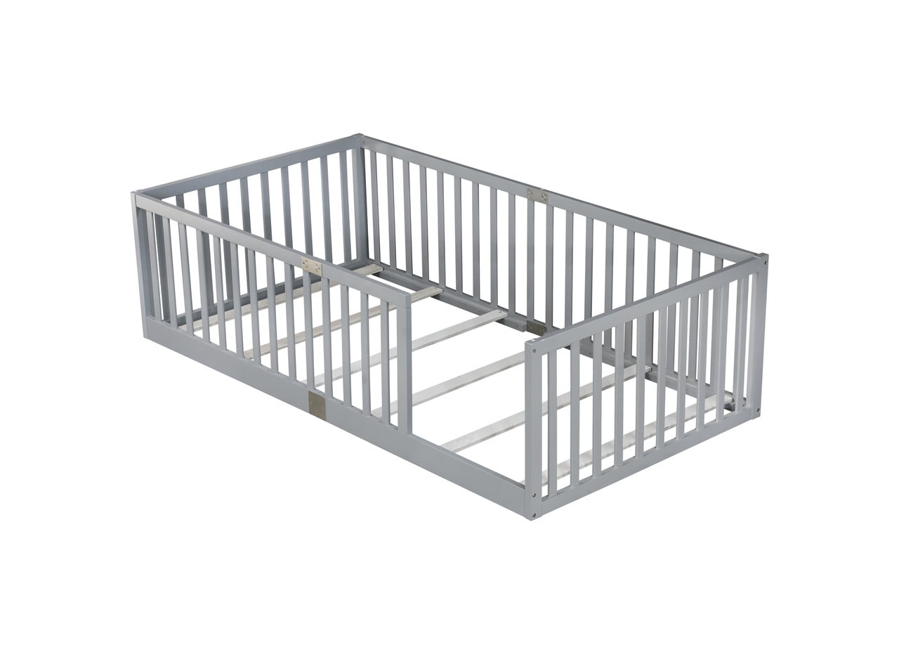 Mirightone Twin Size Wood Montessori Floor Beds with High Fence Railings, Twin Floor Bed with Slats, Twin Playhouse Bed Frame, (Grey)