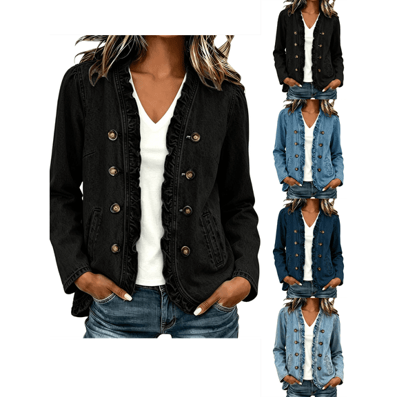 Jean Jacket Women Nelozsy Women's Solid‑Color Ruffle Denim Jacket, Long‑Sleeve Lightweight Button‑Front Casual Coat With Pockets Black XXL