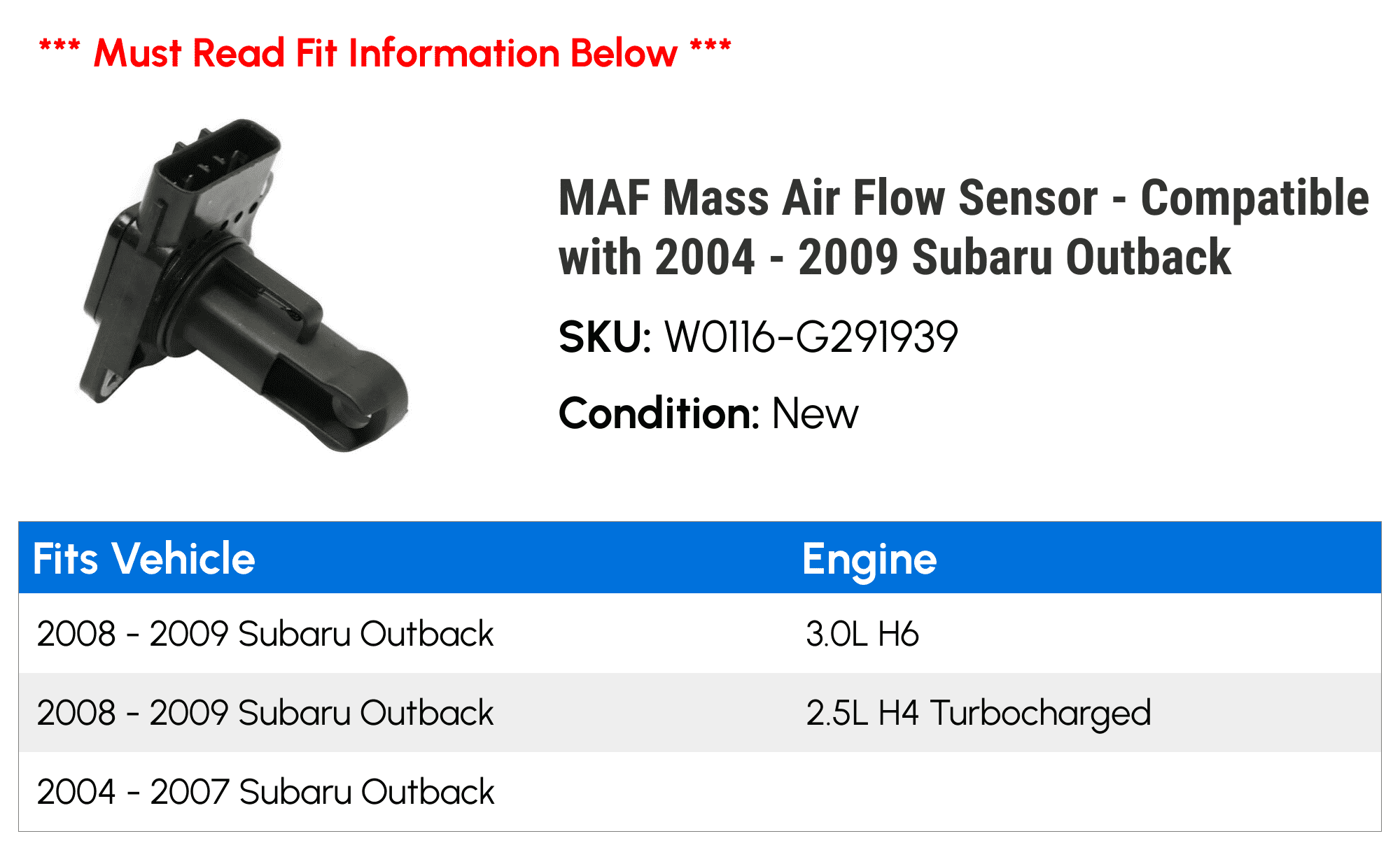 MAF Mass Air Flow Sensor - Compatible with 2004 - 2009 Subaru Outback 2005 2006 2007 2008