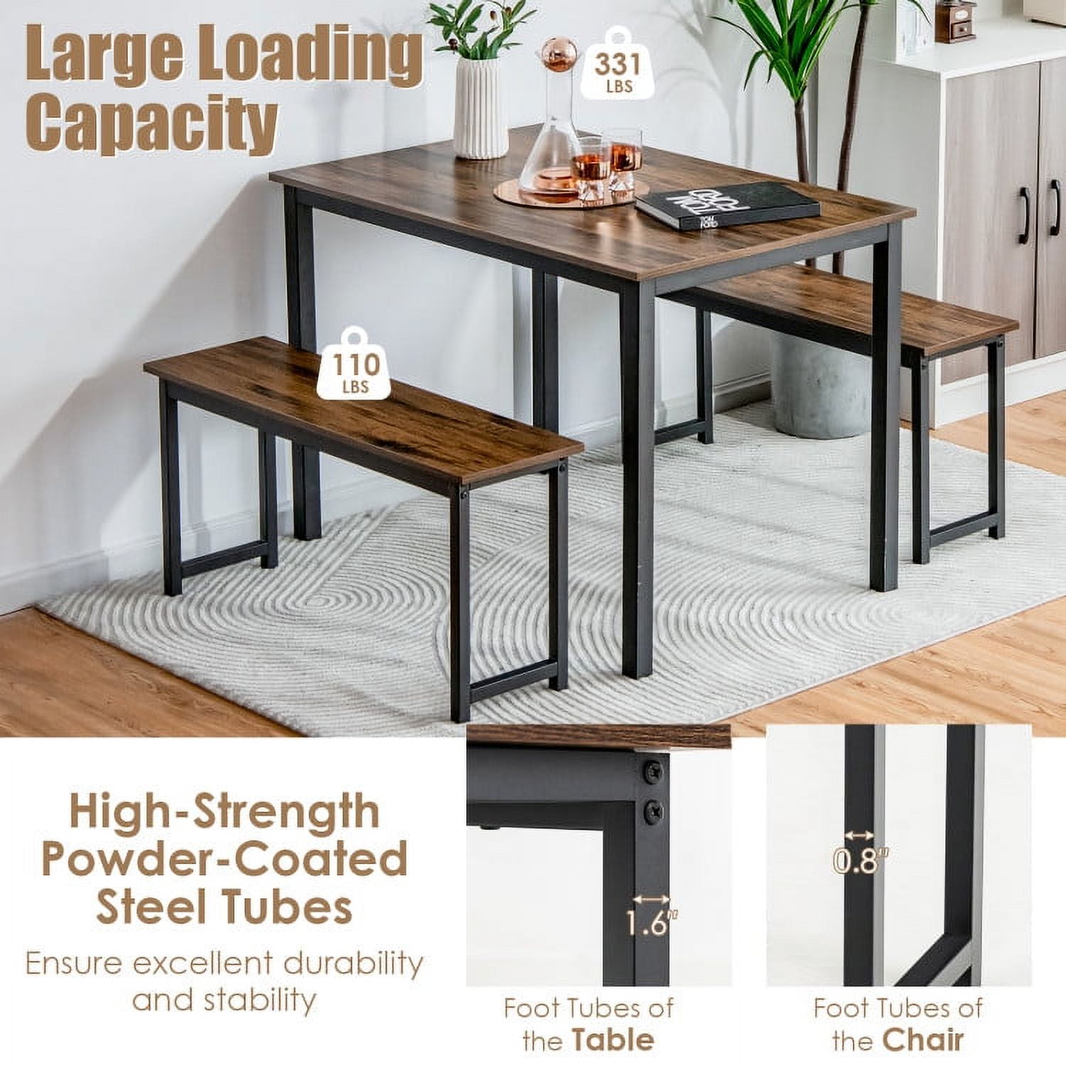 Finihen Dining Set, Dining Table Set, 3 Pieces Dining Table Set with 2 Benches for Dining Room Kitchen Bar, Brown Finihen Dining Set, Dining Table Set, 3 Pieces Dining Table Set with 2 Benches for Dining Room Kitchen Bar, Brown