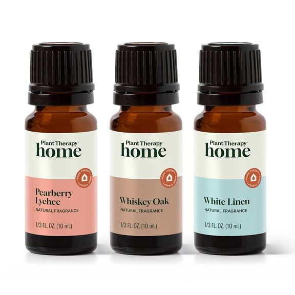 Plant Therapy Home Therapy Natural Fragrance Set of 3, Pearberry Lychee, Whiskey Oak, & White Linen 10 mL (1/3 oz) each