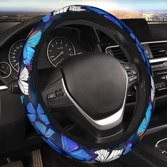 Car Steering Wheel Cover for Women Men, Non-Slip Breathable Cute Steering Wheel, Blue Butterfly Steering Wheel Protector, Car Accessories, Universal 14" 02/2-15" Fit Auto, Suvs