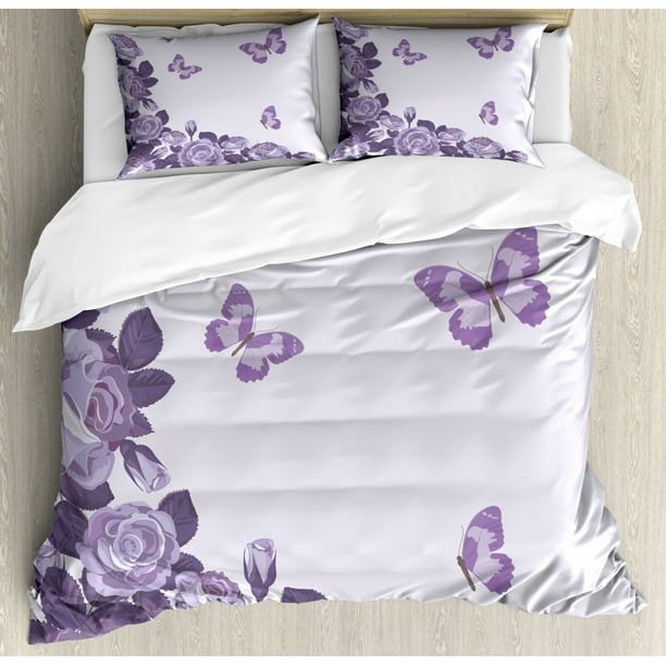 Lilac Queen Size Duvet Cover Set, Bridal Composition with Rose Buds