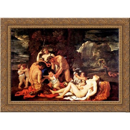 Nurture of Bacchus 24x20 Gold Ornate Wood Framed Canvas Art by Poussin, Nicolas