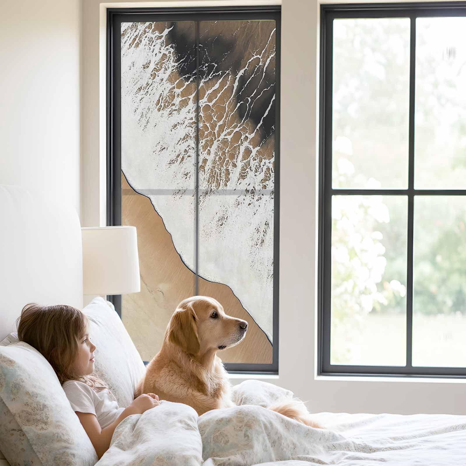 Abstract Wave Effect Window Privacy Film, Brown Gradient Beach Frosted Glass Window Clings Static Cling UV Heat Blocking Reusable Door Sticker for Bathroom 23.6 x 59 Inch