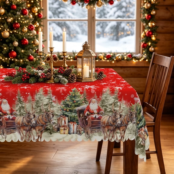 Lfeey Merry Christmas Red Tablecloth 36x55 Inch Rectangle, Xmas Winter Santa Elk Waterproof Table Cover for Home Decor