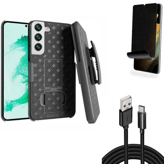 10ft USB Cable & Case Belt Clip & Privacy Screen Protector for Samsung Galaxy S22 Plus (S22 ) - Combo Type-C Charger Cord Power & Holster Swivel Cover & TPU Film (Fingerprint Works) Anti-Peep