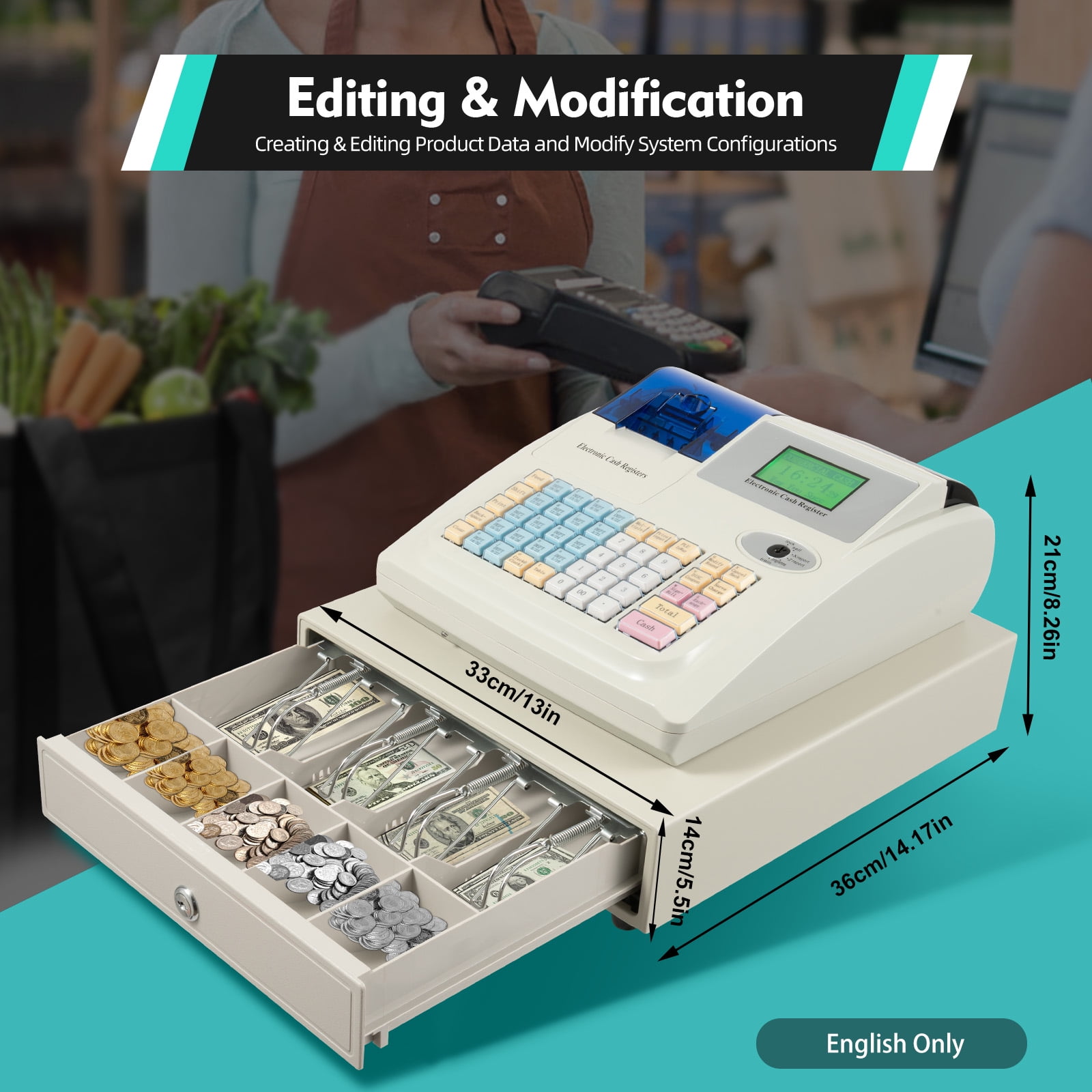 Electronic Cash Register, Cash Register for Small Businesses, 48 Keys Cash Register LED Screen Multifunction Digital Cash Tray with Thermal Printer for Supermarket, Restaurant & Store