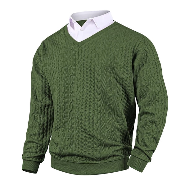 Ceisia Men's Regular-Fit Fake Two-Piece Cable-Knit V-Neck Sweater Multi-Solid Gift