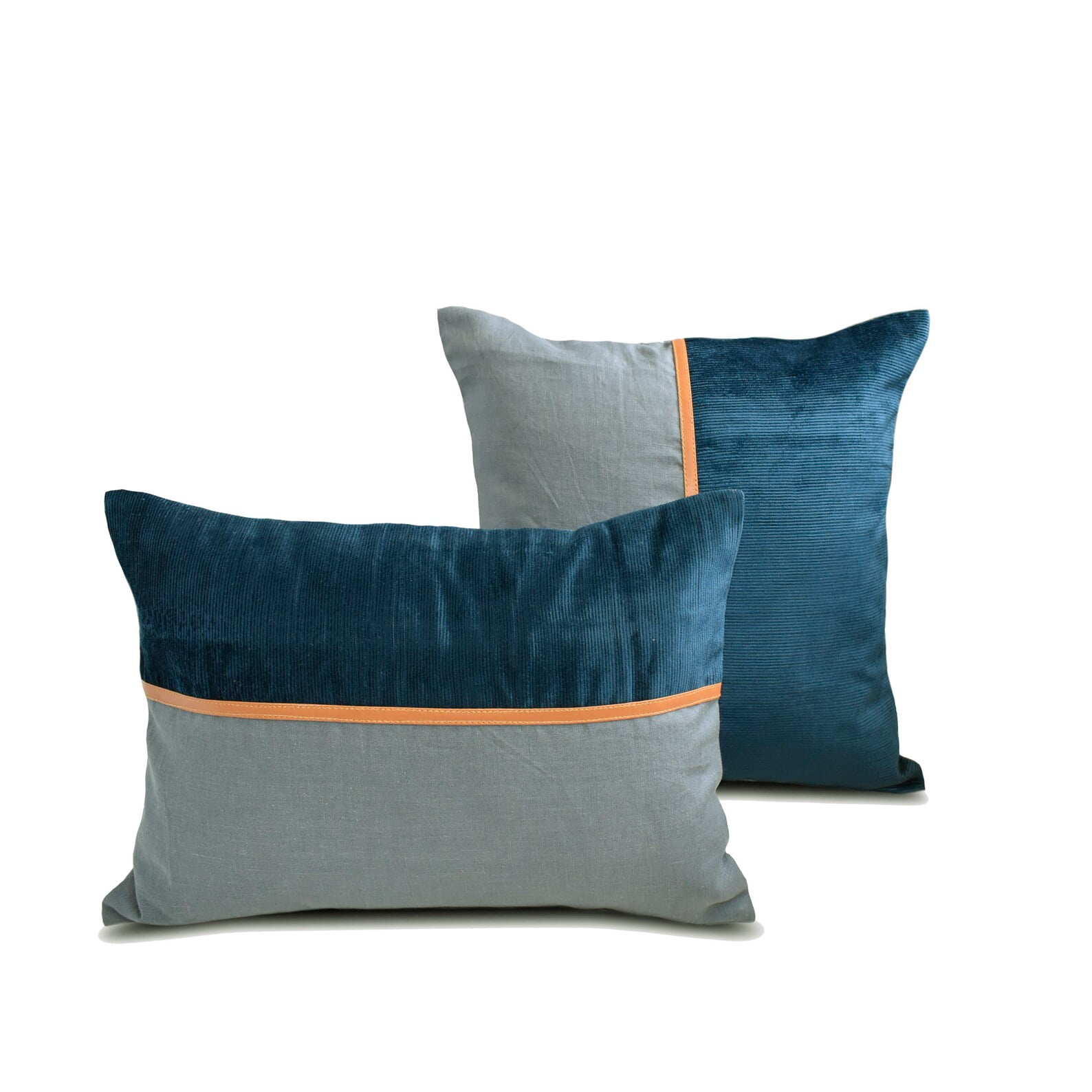 The HomeCentric Decorative Pillow Covers Blue Pack of 2, 20"x20" (50x50 cm) Corduroy & Linen Patchwork & Corduroy Cushion Covers For Sofa, Patchwork Modern Style - Cozy Cord Blue