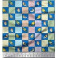 thumbnail image 1 of Soimoi Blue Japan Crepe Satin Fabric Square & Flowerpecker Watercolor Print Fabric by the Yard 44 Inch Wide, 1 of 3