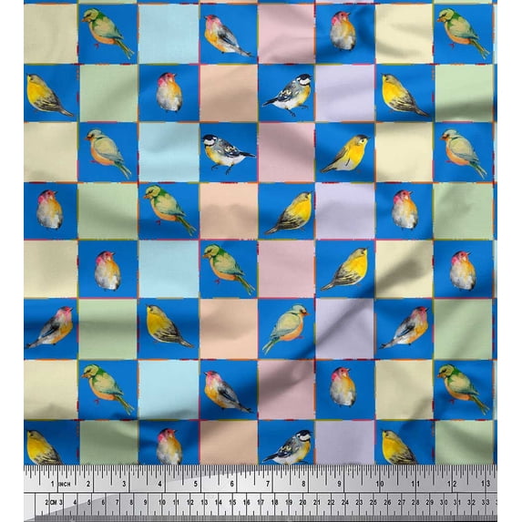 Soimoi Blue Japan Crepe Satin Fabric Square & Flowerpecker Watercolor Print Fabric by the Yard 44 Inch Wide