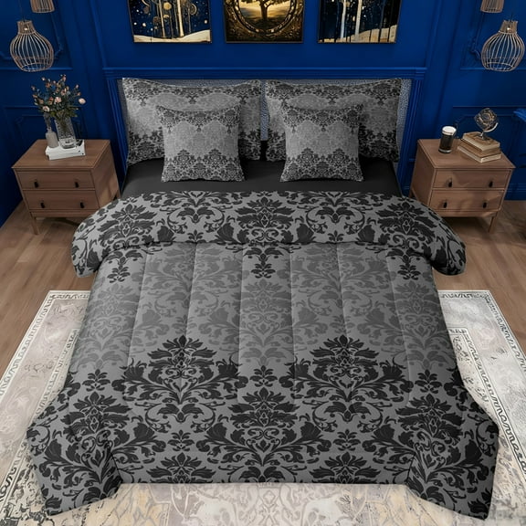Manfei Retro bohemian Flowers 7-Piece Twin Bedding Sets,Rustic Victorian Floral Bedding Comforter Set,Gray Black Damask Sheet Sets For Girls Boys,Super Cozy Room Decor Reversible