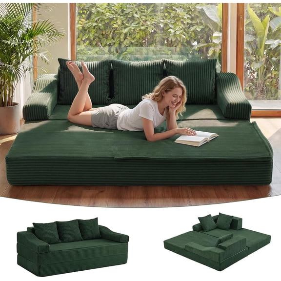 Apicizon 78.7" Convertible Sofa Bed, 3-Seater Boneless Folding Corduroy Futon Sleeper Couch with Pillows, Green