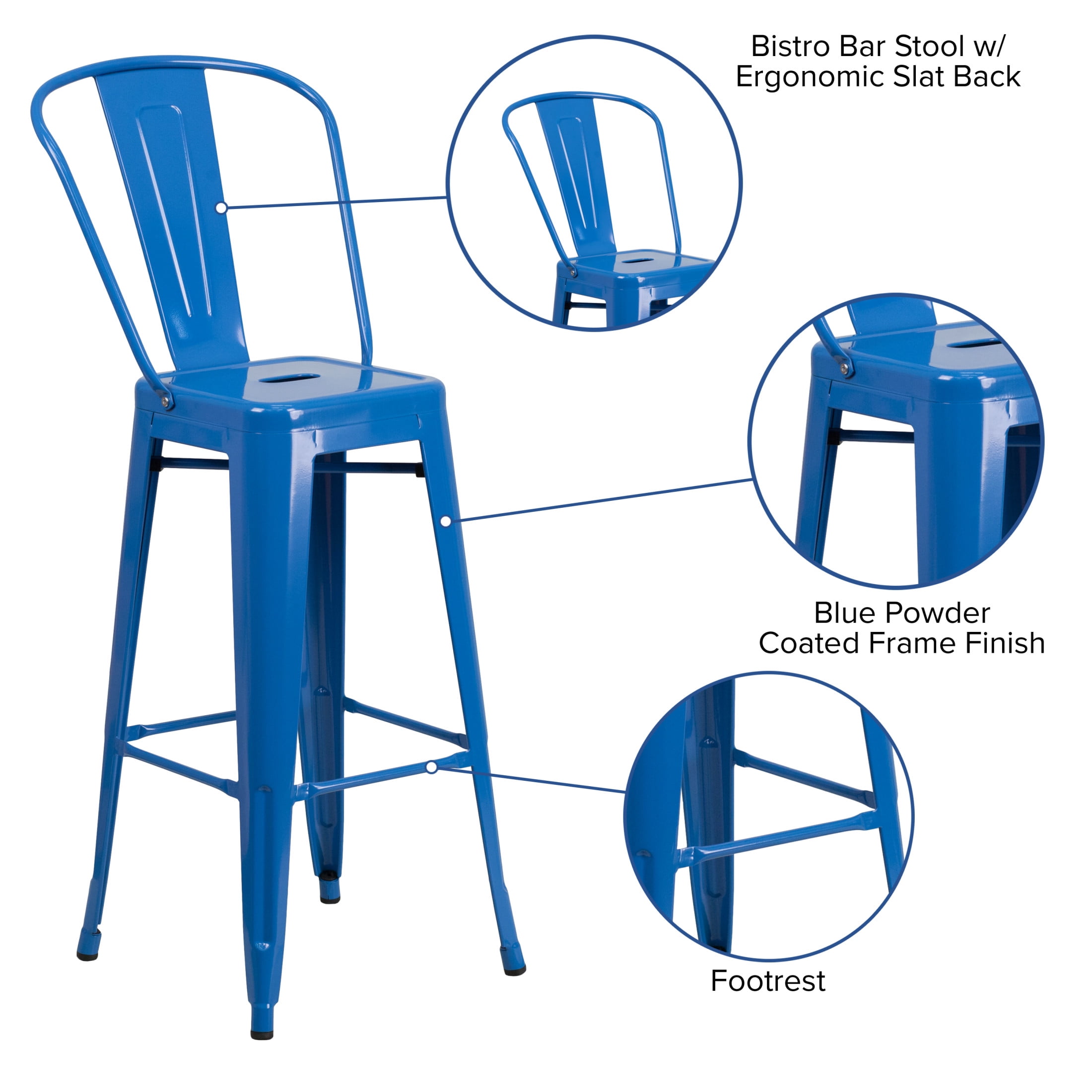 Merrick Lane Blue 30" High Metal Bar Height Stool with Removable Back for Indoor-Outdoor Use