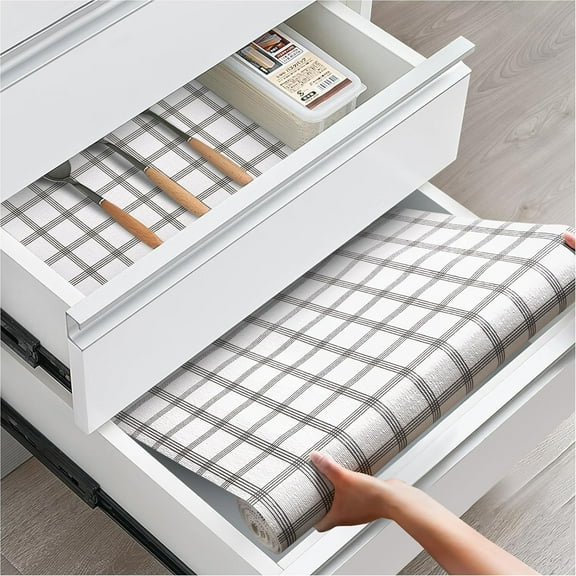Drawer and Shelf Liner, Non-Slip Kitchen Cabinet Liners Non-Adhesive Thick Strong Grip Waterproof Washable Mats Protect Dresser Shelves Cupboard Bathroom Cabinets, White Stripes, 12 in X 10 FT