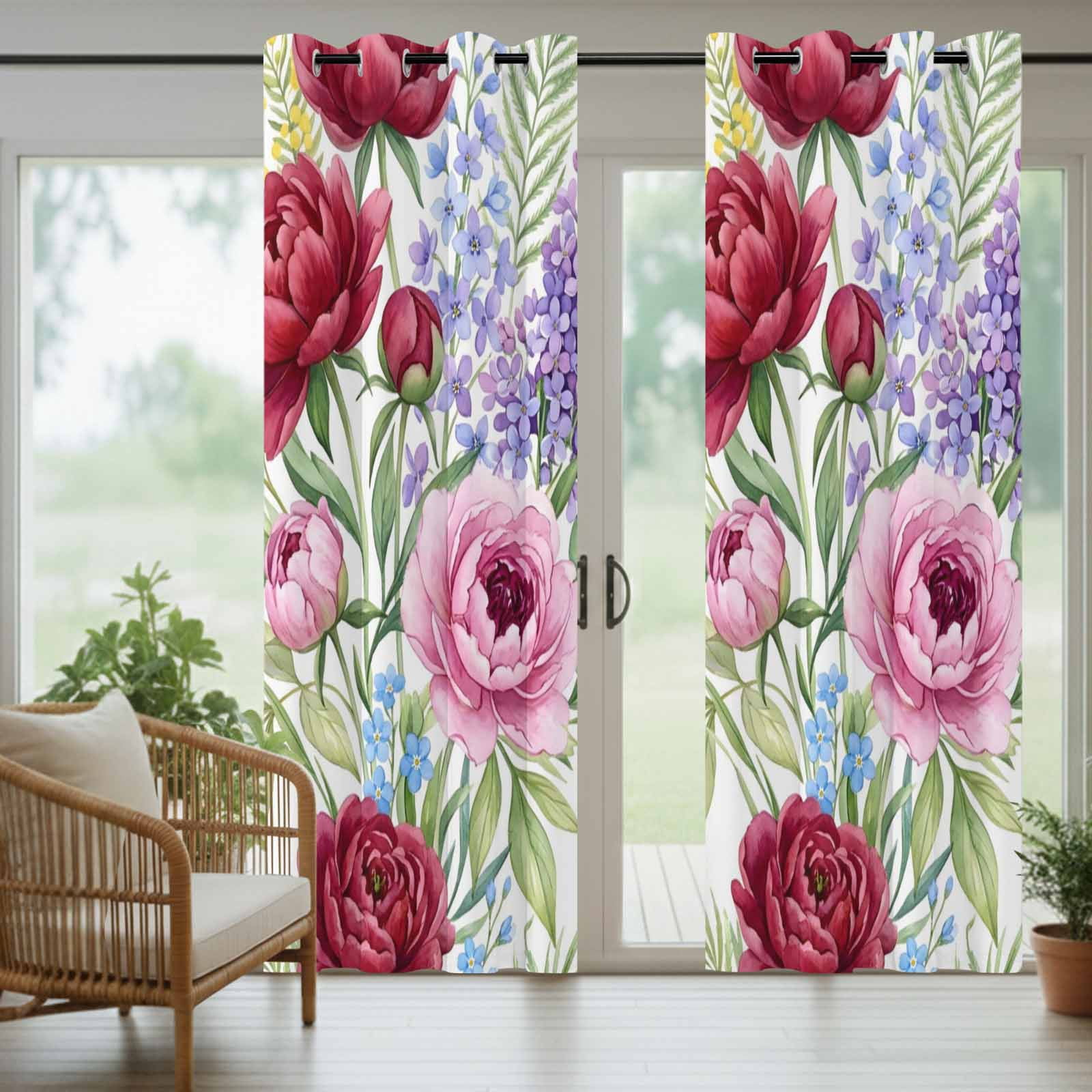 Pink Red Floral Outdoor Curtains for Patio, Country Watercolor Pink Purple Red Flowers Sunshade Privacy Drapes Grommet Waterproof Outside Curtains for Porch/Cabana/Balcony 54"x 108", 1 Panel