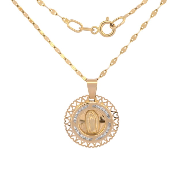Cadena CON Dije de La Virgen de Guadalupe y Corazones Casa del Anillo Oro Sólido 10k 40 cm