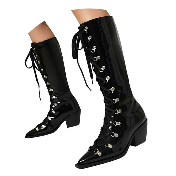 Mostsola Knee High Boots Women Lace up Strappy Tall Boots Pointed Toe Heel Long Boots