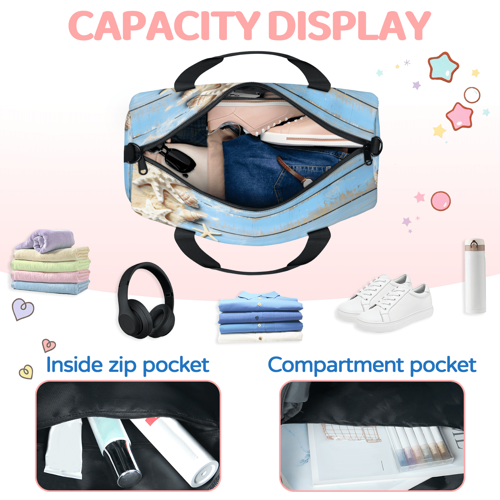 Herdesigns Blue Ocean Beach Seashell Starfish Themed Travel Duffle Bag Sports Yoga Weekender Overnight Carry on Workout Bags Lightweight Waterproof Gym Tote Bag for Women