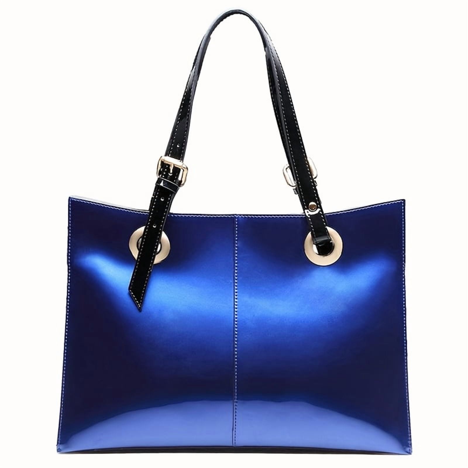 FEIMINA Patent Leather Shoulder Bag For Women, Luxury Designer Handbags Women,Genuine Shiny Large Leather Bag, Retro Dark Blue tote bag Purse