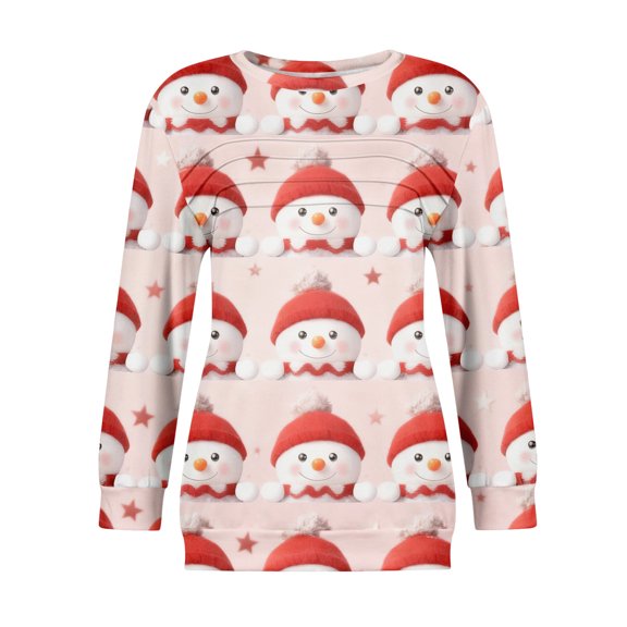 Women's Casual Long Sleeve Round Neck Sweatshirt Fit Pleated Top with Christmas Print for Fashionable Holiday Outfits and Comfortable Wear,Red,2XL