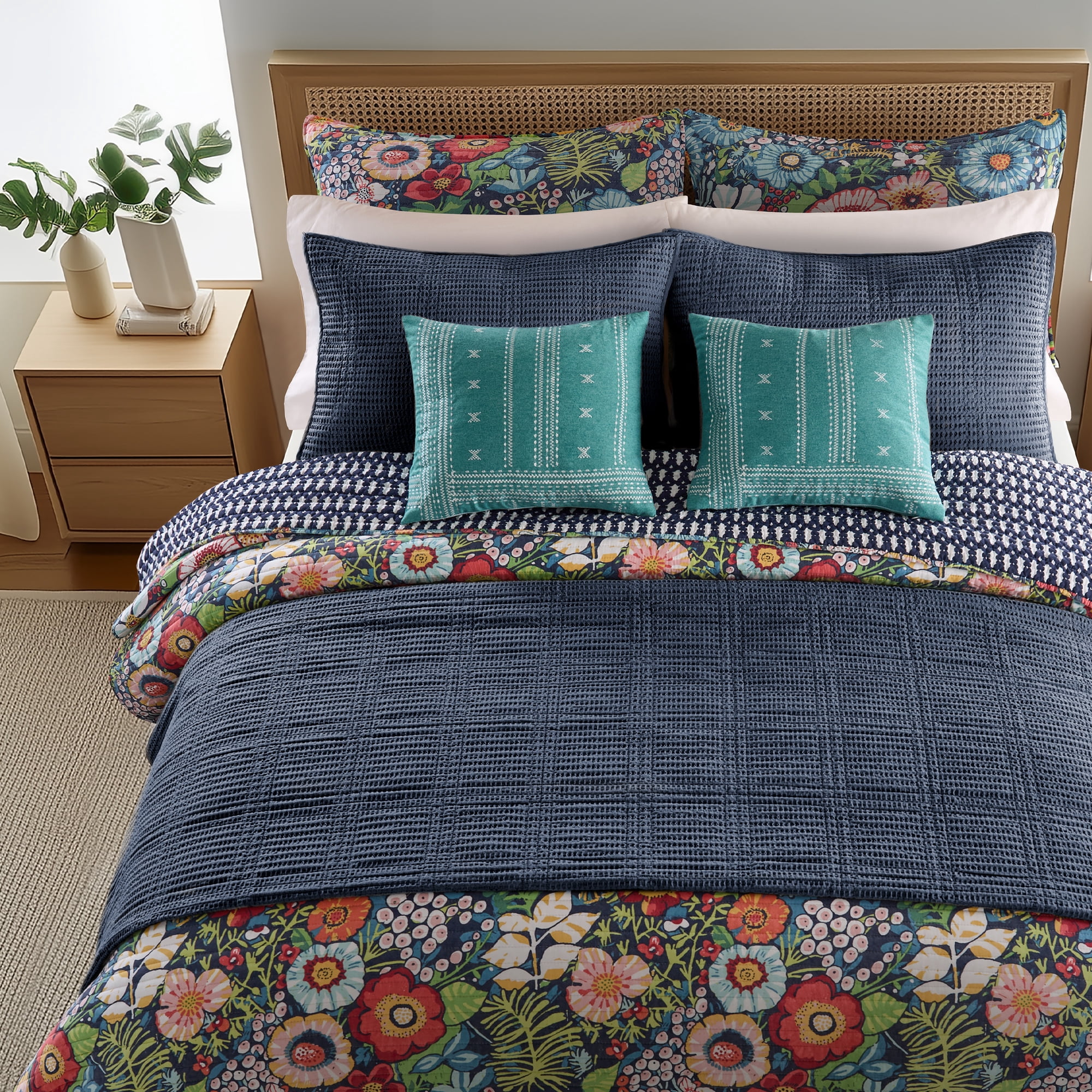 Levtex Home - Night Garden Quilt Set - Full/Queen Quilt and Two Standard Shams - Bold Floral - Navy Red Pink Green Ochre White - Quilt (88x92in.) and Shams (20x26in.) - Reversible - Rayon/Cotton