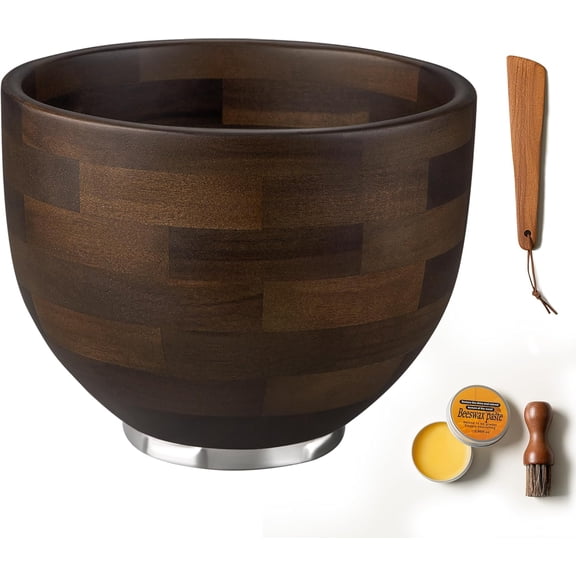Premium American Walnut Wood Mixing Bowl, Compatible with Kitchen Aid 4.5 & 5 Qt Tilt-Head Stand Mixers, Wooden Mixing Bowls for Mixer with Stainless Steel Locking Base, Natural True Walnut
