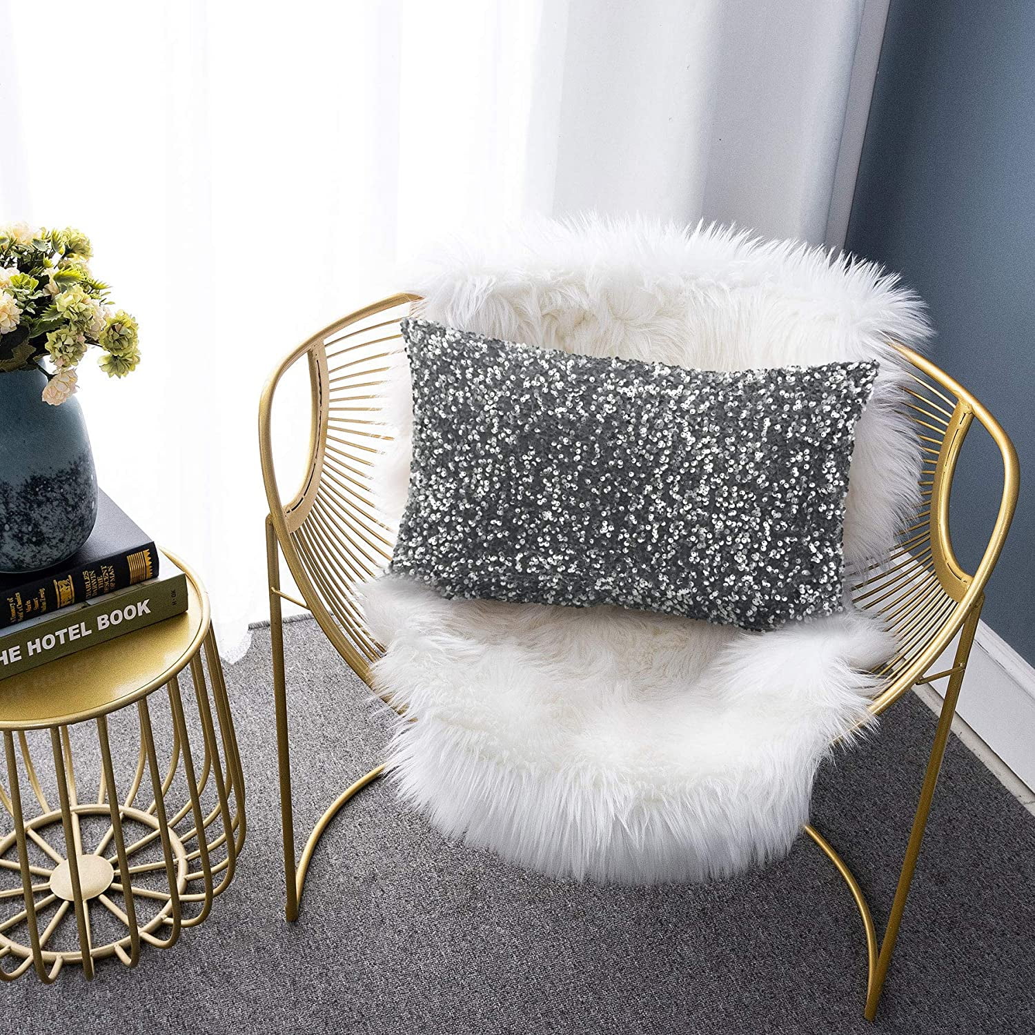 LIGICKY Pack of 2 Gold Grey Velvet Decorative Throw Pillow Covers Modern Sparkling Gilding Square Cushion Cover Pillowcase for Couch Bed Sofa Party Decor 18 x 18 Inch