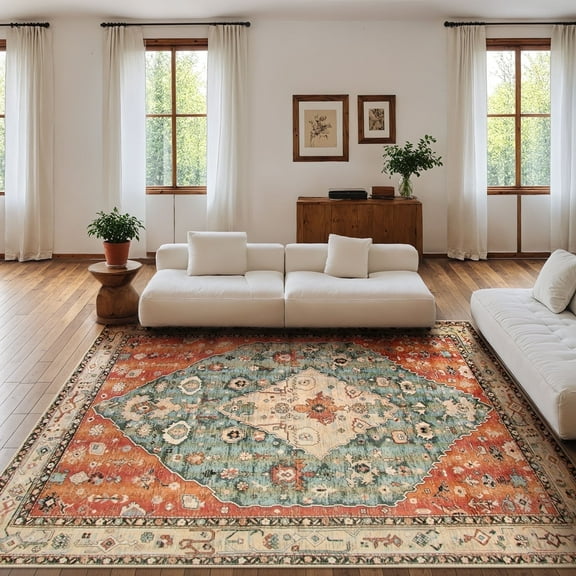 Lahome Decor 9'x12' Bohemian Vintage Rug,9x12ft Large Area Rug,Washable Rugs for Living Room,Traditional Non-slip Indoor Carpet Low Pile Ultra-Thin Boho Tribal Rug for Bedroom Dining Room Office,Red