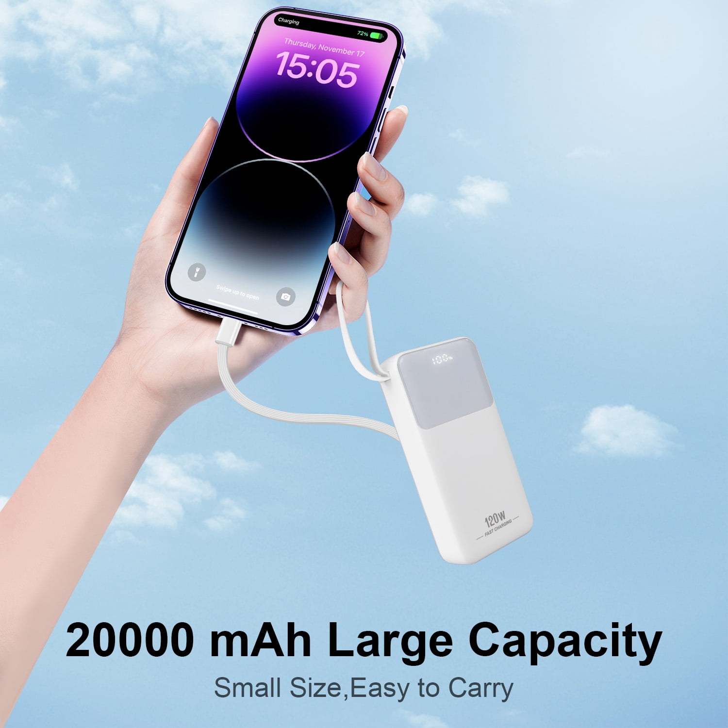 30000mAh Portable Charger Power Banks for iPhone Cell Phones with Built in Cables,HopePow LED Power Display Charging Banks Compatible with iPhone 16 Plus/Pro Max/15//14 Series,Samsung,Android(White)