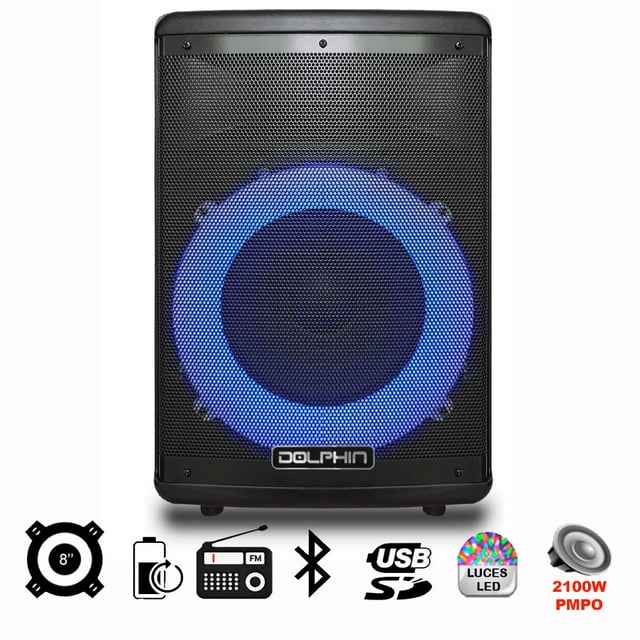 Bafle Dolphin 8' 2100 Watts Bluetooth Control remoto Micrófono con cable Adaptador de CA 7 colores Radio FM Auxiliar de 3,5 mm Batería recargable Reproductor Mp3 USB Drive