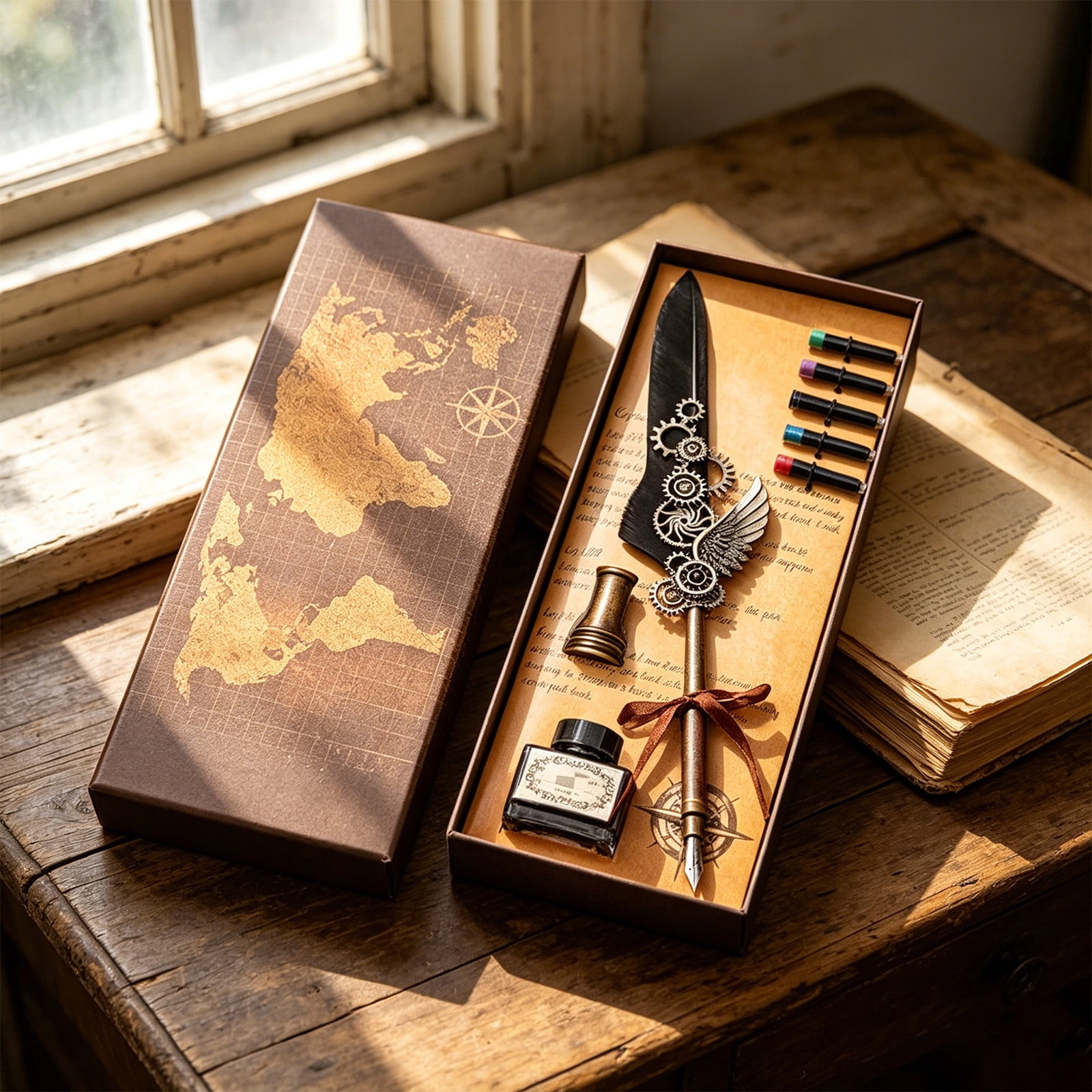 Xheghe Steampunk Quill Pen Set with Ink and Stand - Elegant Writing Kit for Journaling, Letter Writing, and Gifts for Adults