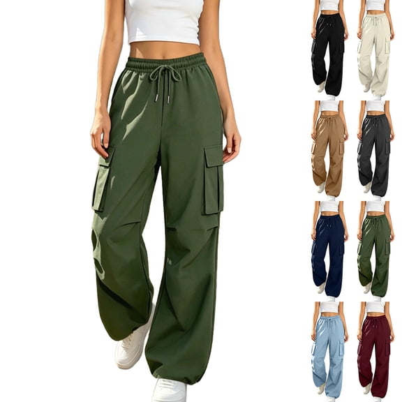 Hvogkswy Cargo Pants Women Drawstring Elastic Waist Jogger Cargo Pants Loose Straight Lightweight Comfy Hiking Pants with Multi Pockets