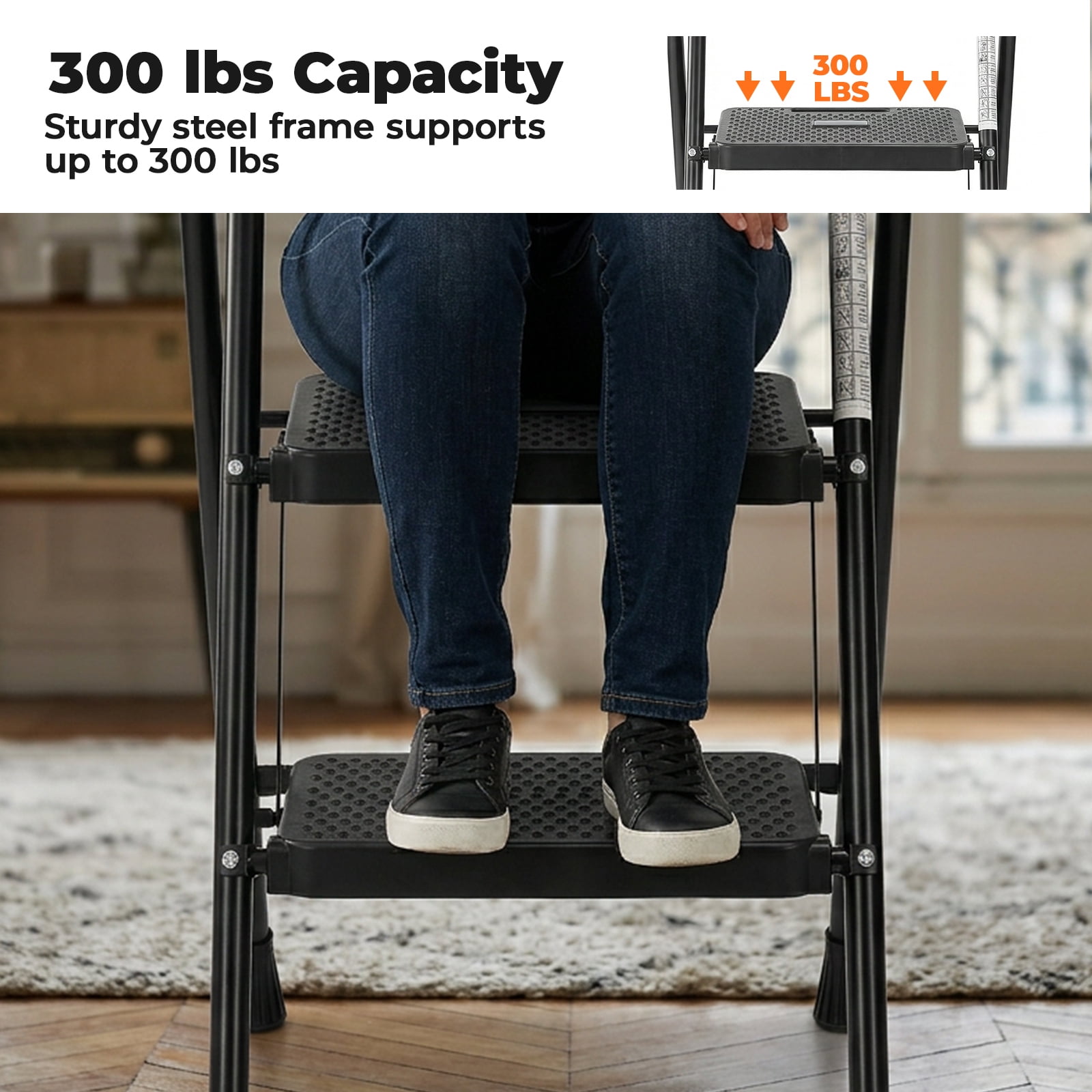 Alvantor 3-Step Ladder, Foldable Step Stool with Safety Lock, Anti-Slip Pedal, 300lbs Capacity
