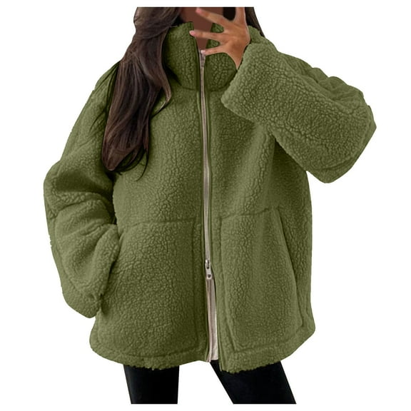 felwors Womens Fleece Jacket Oversized Zip Up Sherpa Fuzzy Casual Coats Winter Fall Outerwear 2025 Clothes with Pockets AG, L