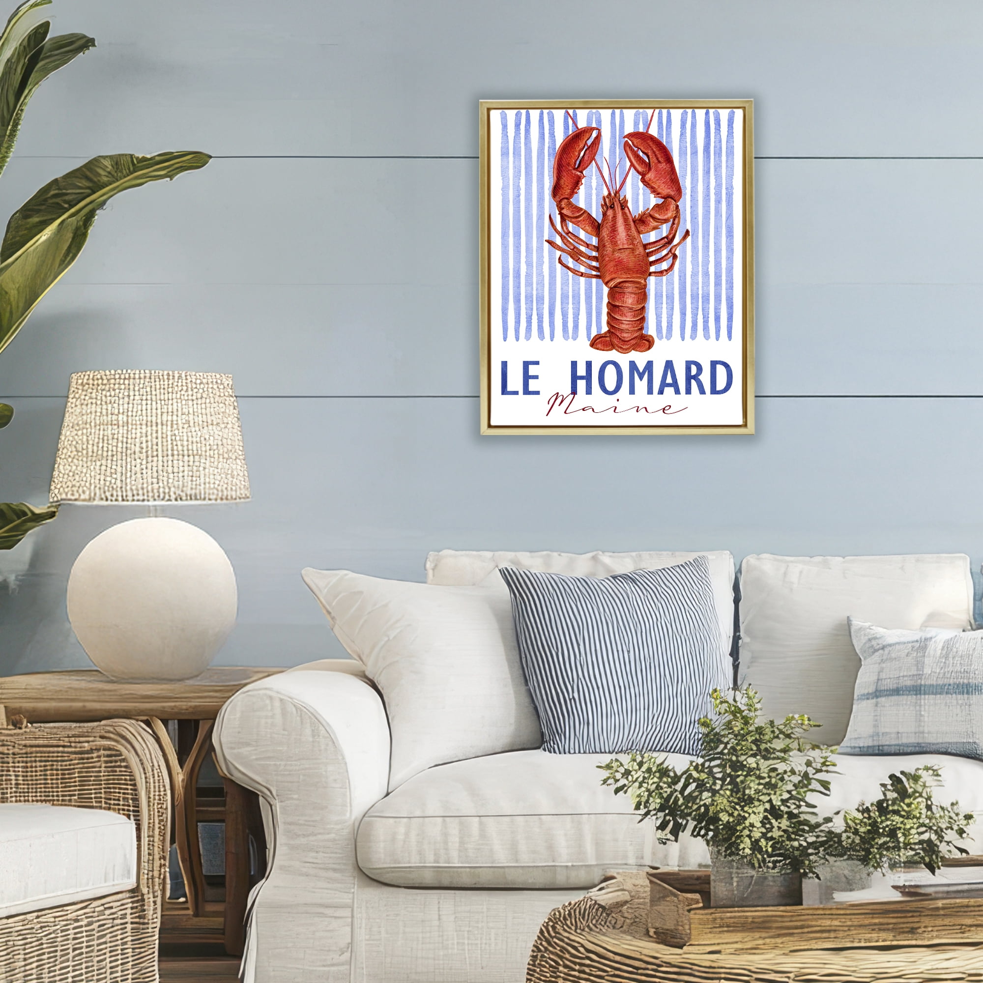 Stupell Industries Le Homard Nautical Stripes Gold Framed Floater Canvas Wall Art, design by Kim Allen